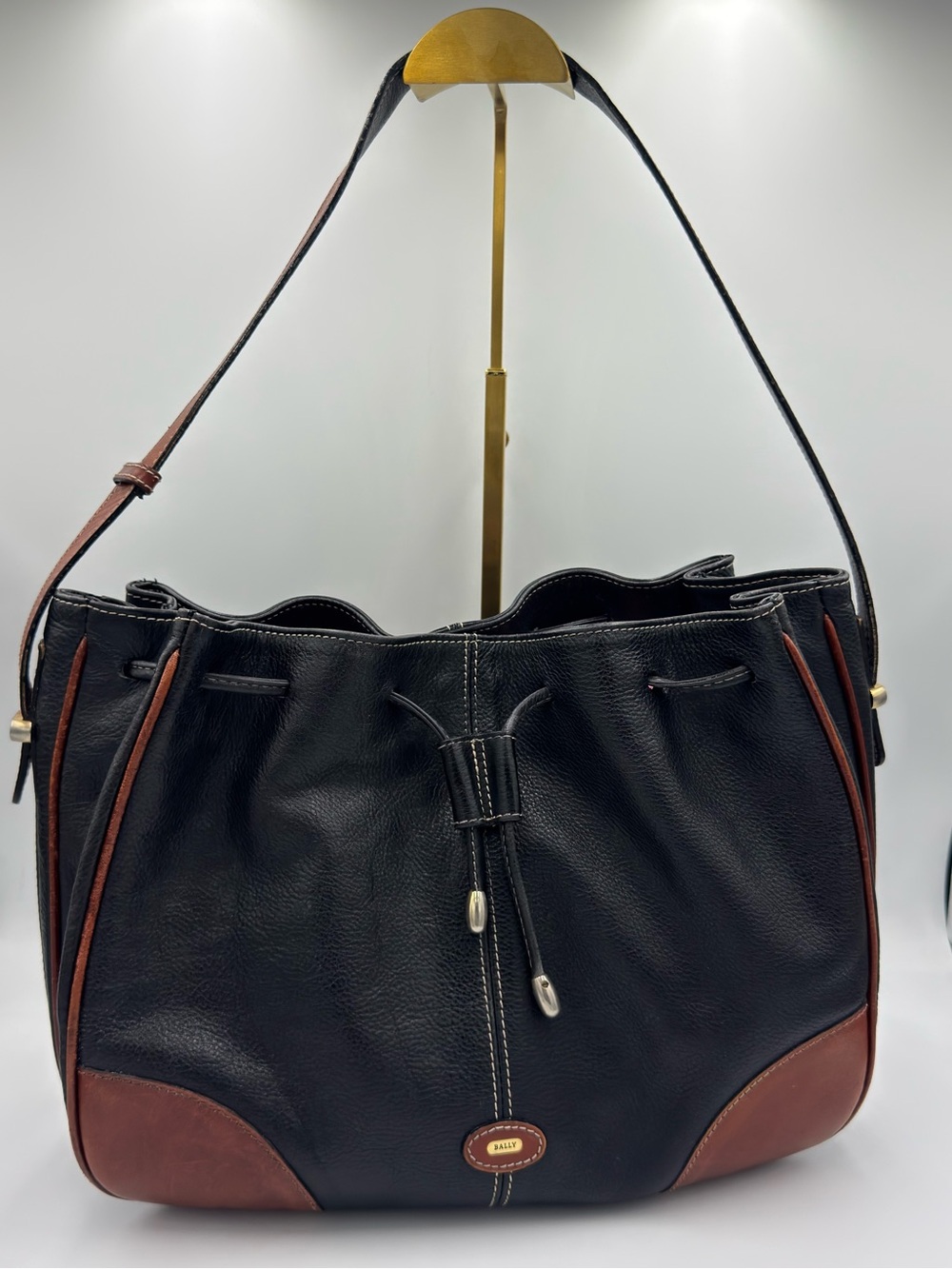 Bally Black and Brown Leather Drawstring Shoulder Bag